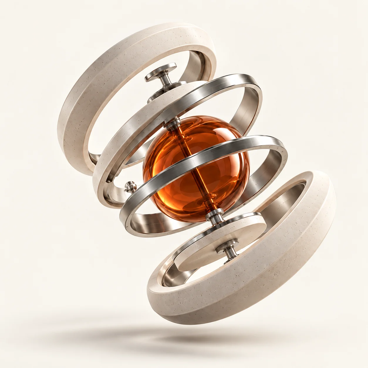 Ivory and silver mechanical rings surrounding an amber core.